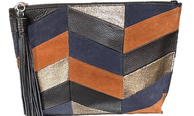 Sam Edelman Chevron Patchwork Suede & Leather Clutch Handbag, Tassel Accent