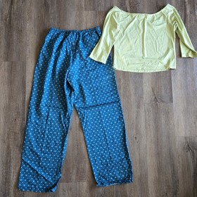 Victoria Secret Pajama Set Green Blue Floral Long Sleeve Pants Sz Medium New