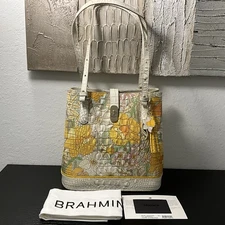 Brahmin Fiora DAFFODIL PIMLICO Leather Bucket Satchel Tote FLORAL PATTERN NWT