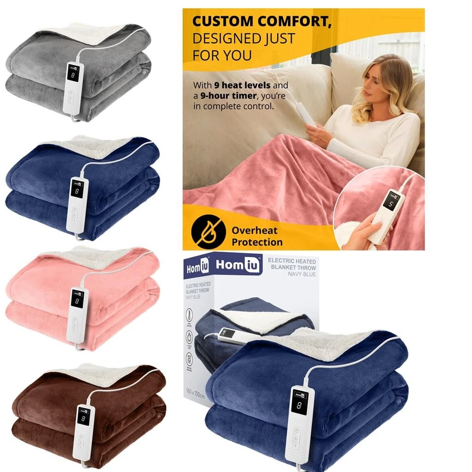HOMIU Electric Heated Throw Over Blanket Sherpa Fleece 9 Heat Settings Timer Washable