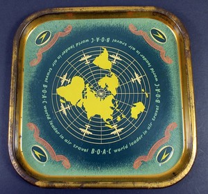 Mid-Century Modern BOAC Serving Tray 13.5" Square World Map Aviation