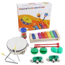 13 Pcs Musical Instruments Set,Include Tambourine,Xylophone,Triangle Instrume...
