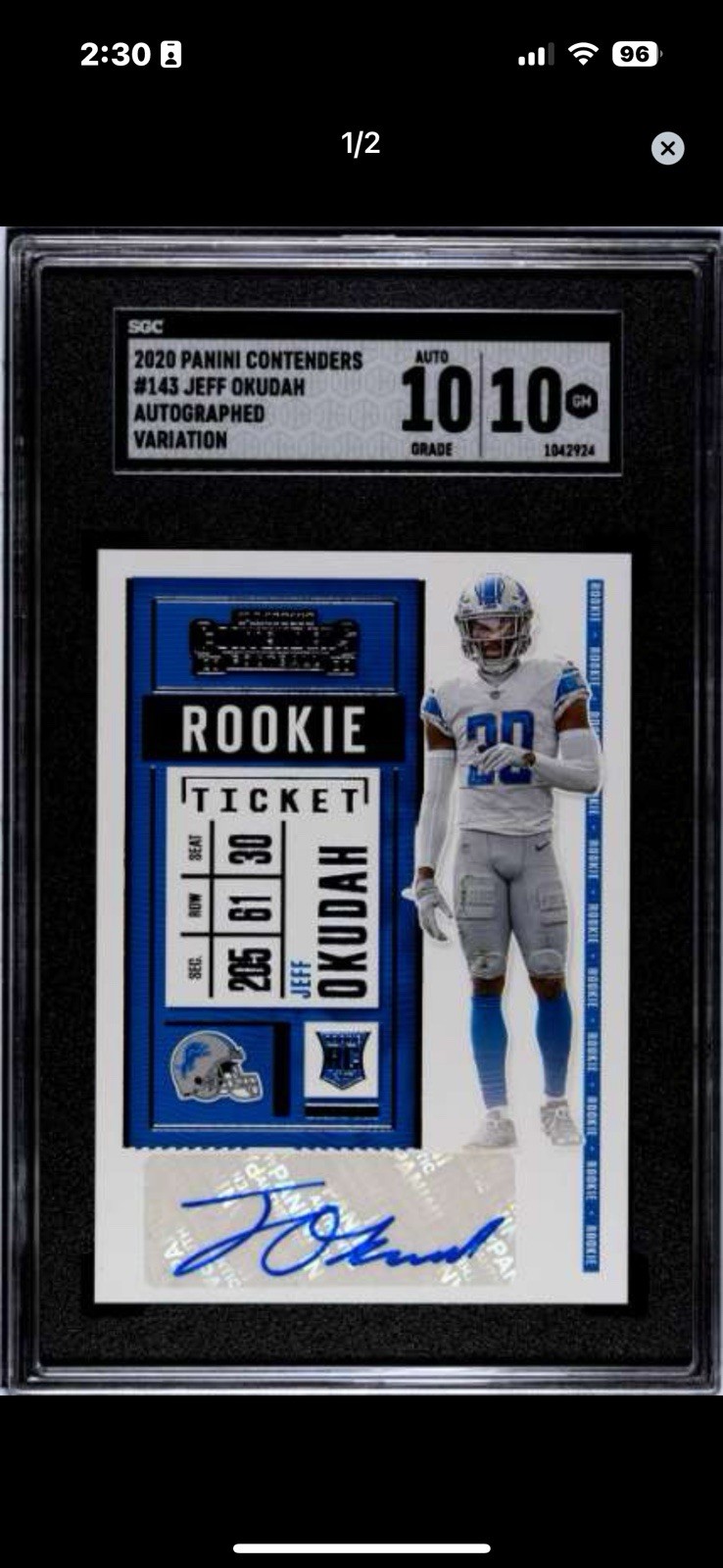 2020 Panini Contenders - Rookie Ticket Variation Jeff Okudah #143 Auto 10