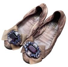 Miu Miu Flat Ballet Shoes Jewel Ribbon Leather Pink Women's Size EU35/US5