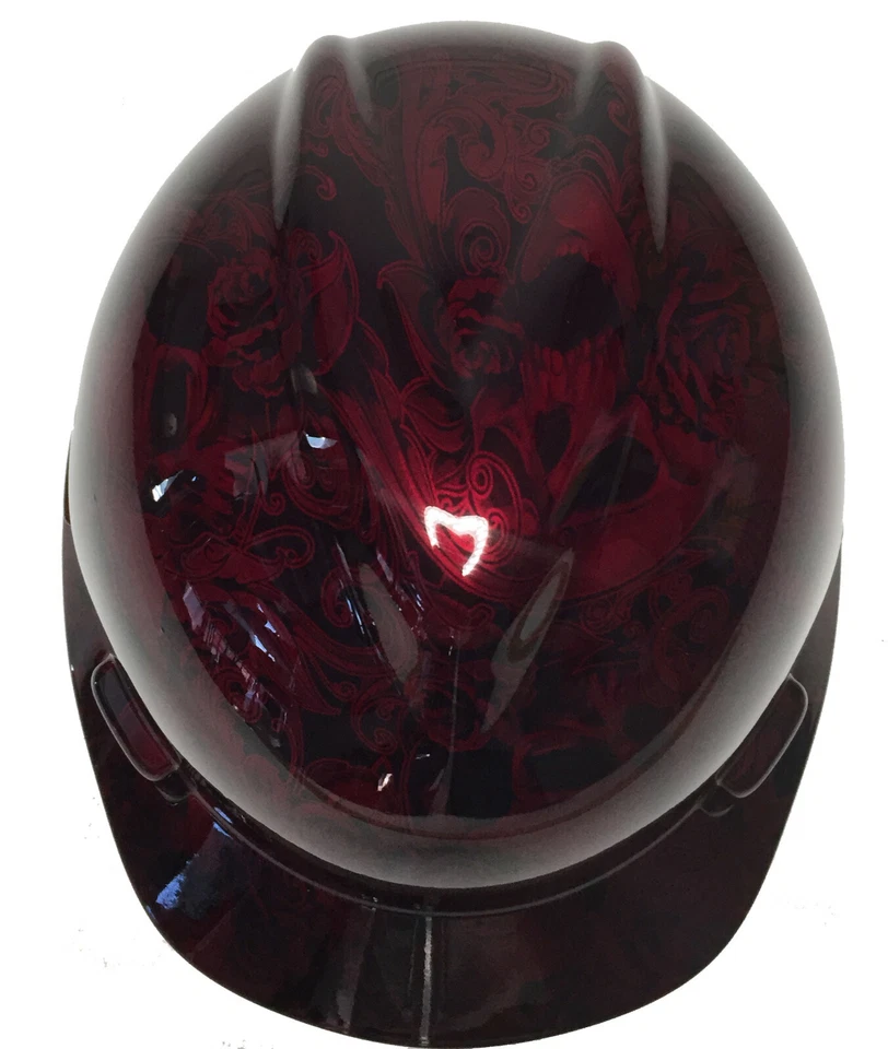Sombrero duro Hydro Dipped MSA V-Gard estilo brandywine rojo filigrana SKulls brillo Foto 2 de 4