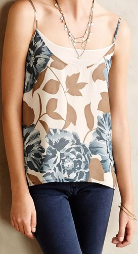 Eloise Blue Blooms Cami Top Size M Blue Ivory Brown Motif ANTHROPOLOGIE