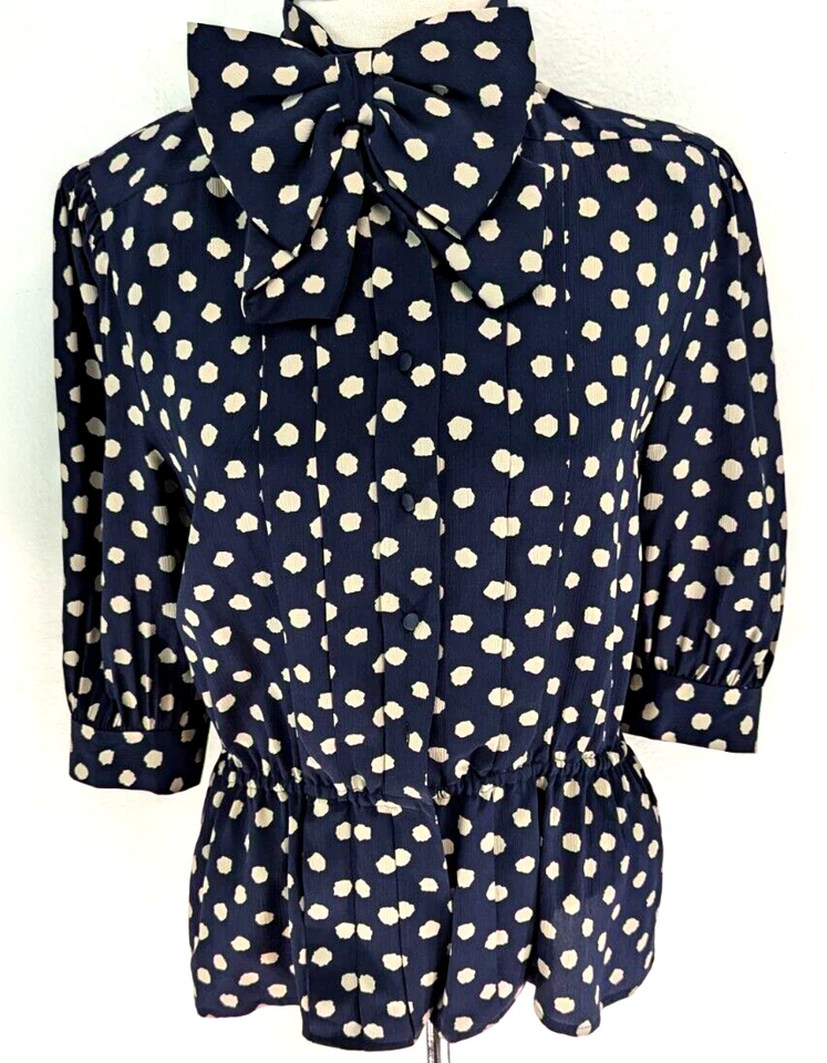Vtg NINA RICCI Paris Size 6 Silk Top Blouse Bow Navy Polka Dot HONG KONG ~ VEUC* - Image 3 of 4