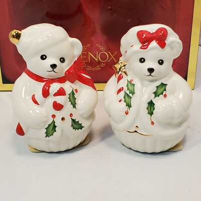 Lenox Holiday Bear Salt Pepper Shaker Holly Bow White Red Christmas Candy Cane