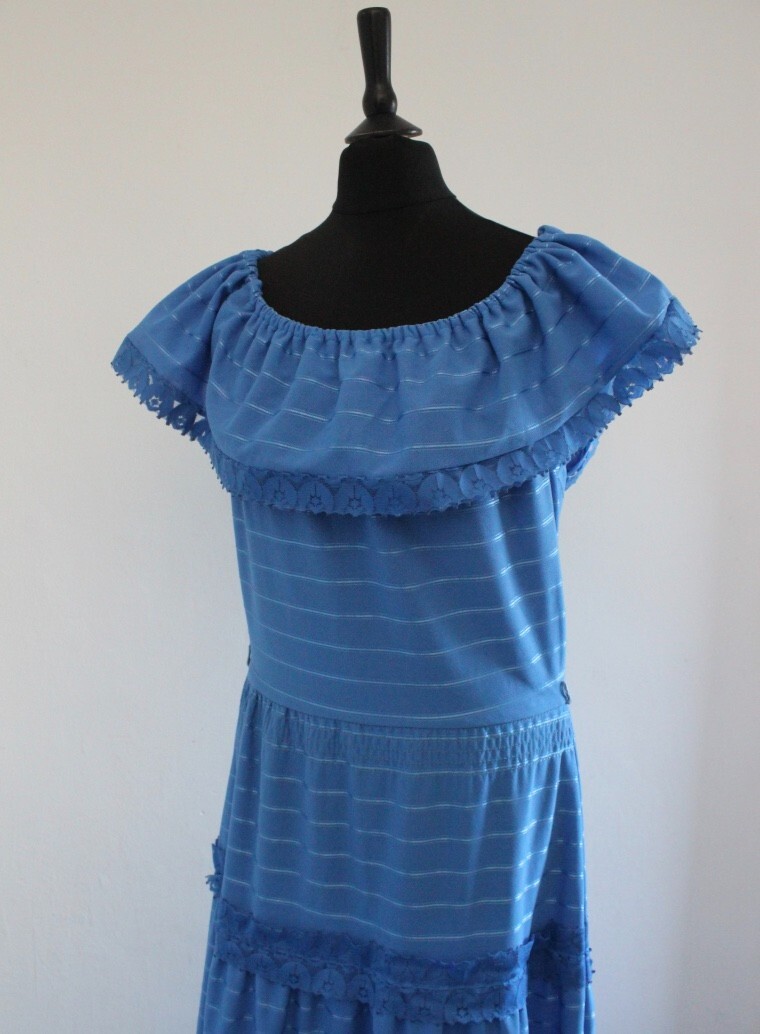 Vintage 1970s Blue Maxi Dress Lace Trim Boho Chic Long Occasions Dress