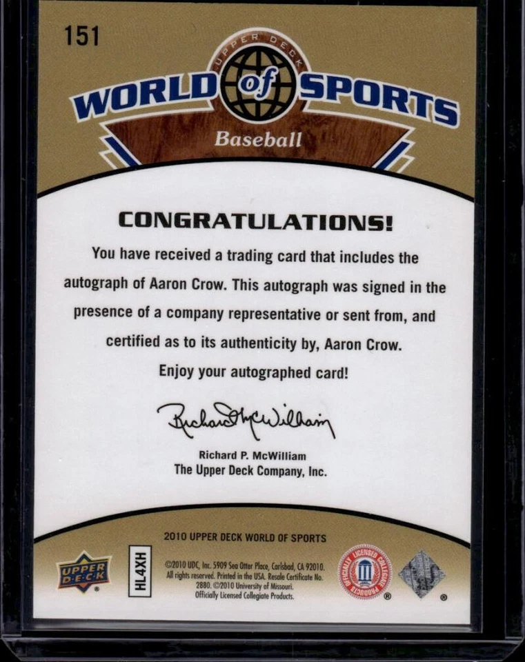 2010 Upper Deck World of Sports Autographs #151 Aaron Crow Auto Missouri Royals - Image 2 of 2