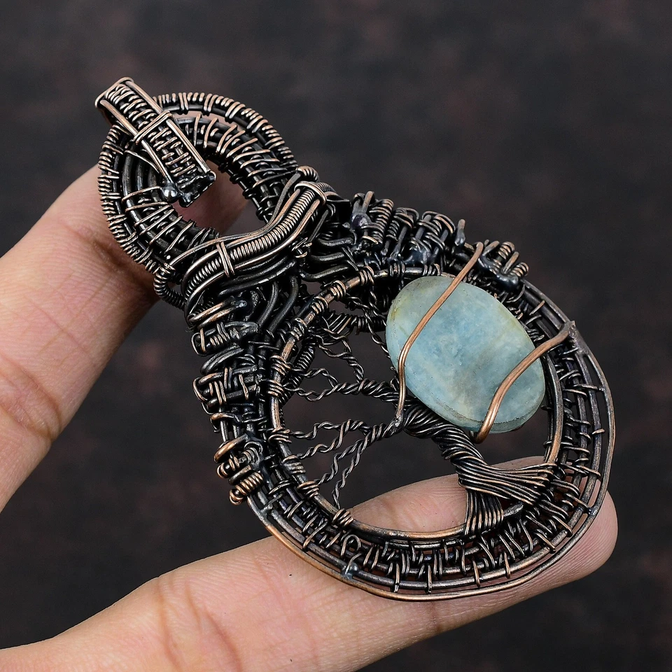 Подвеска из проволоки с аквамарином Tree Of Life ручной работы медная праздничная 3,35 дюйма - Изображение 4 из 4