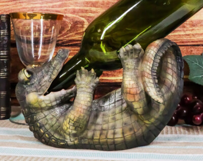 Comical Thirsty Alligator Wine Holder Figurine 8.75''H Prehistoric Reptile Party