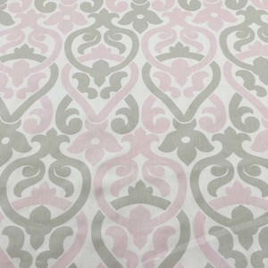 pale pink and pale gray scroll on white cotton drapery upholstery