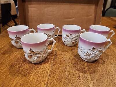 6 Vintage Germany Luster Glaze Mug Embossed Flower Cup, White Pink Gold 