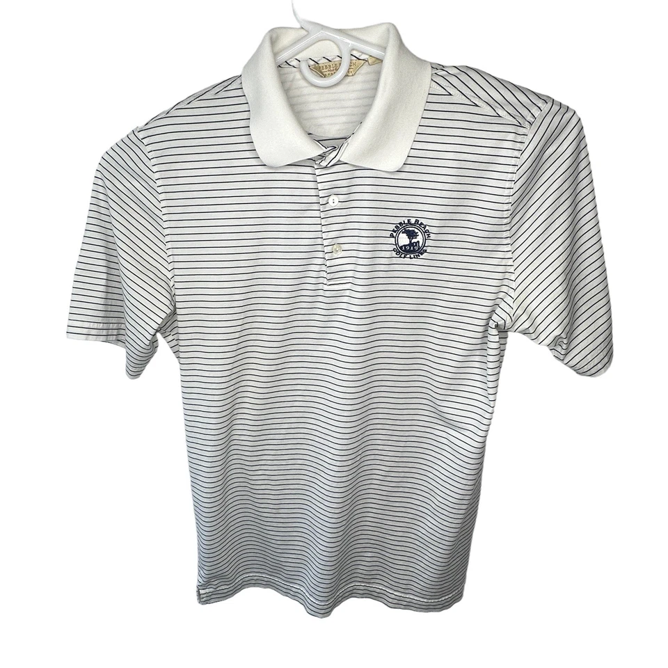 Pebble Beach Golf Links Polo Shirt Mens Medium Short Sleeve White Blue Stripe - Image 3 of 4