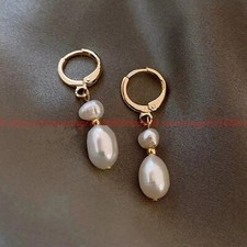 10-11mm Natural White Baroque Freshwater Pearl Dangle Gold Leverback Earrings