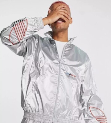 Adidas Tricolor Silver Metallic Tracksuit Jacket Size Small S Great  Condition