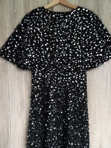 ZARA BLACK TEXTURED V-NECK LONG DRESS WITH SEQUIN & BEAD DETAILS SIZE S UK 8 10 - Picture 20 of 23