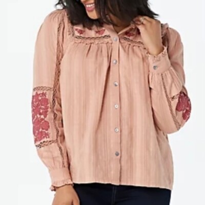 2326 Logo Lavish Textured Woven Embroidered boho Top ROSE PEARL sz XXS