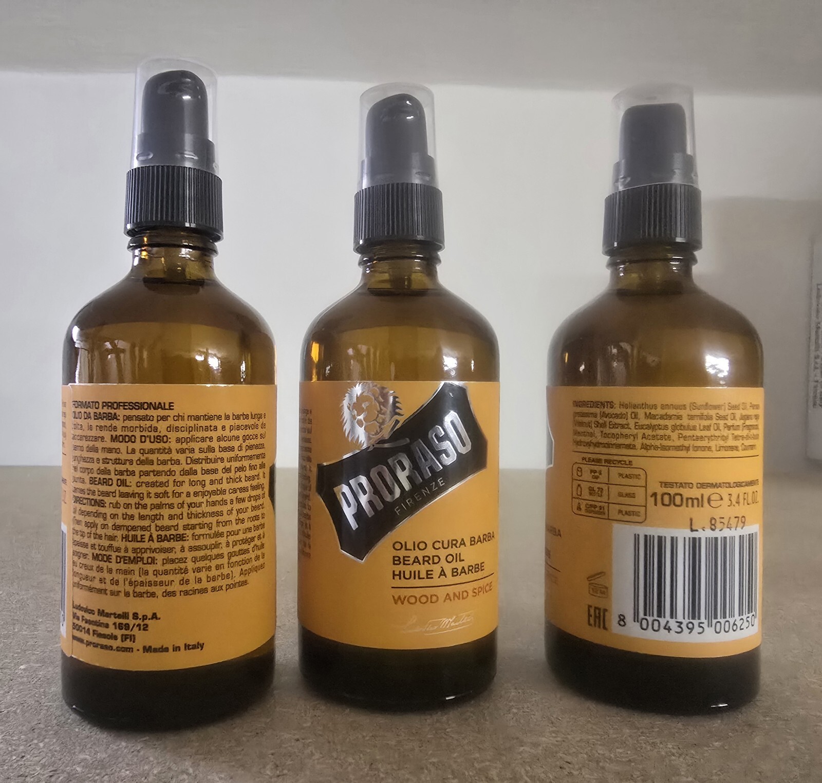 PRORASO 3 Pcs X 100 ML OLIO CURA BARBA FRAGRANZA WOOD AND SPICE