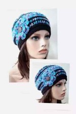 crochet handmade womans flower hat beanie blue lotus blossom puffs