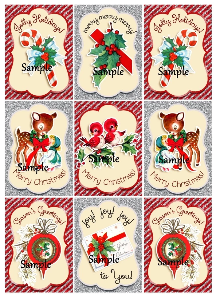 Christmas Retro Vintage Deer Birds Gift Ornament Candy Cane 9 x Gift Tag Tags - image 1 of 2