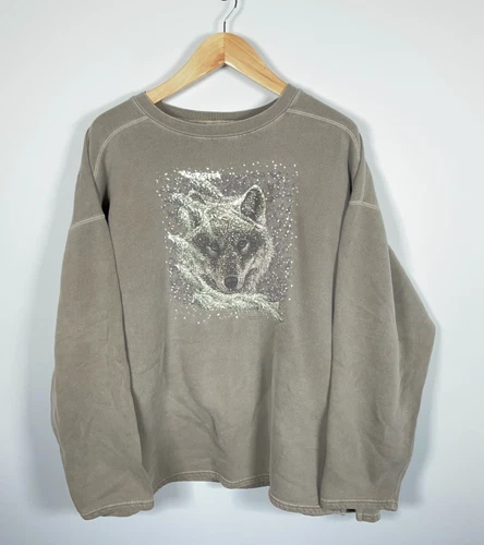 Authentic Pigment Dyed Wolf Print Sweatshirt Adult 2XL Gray Crewneck Nature