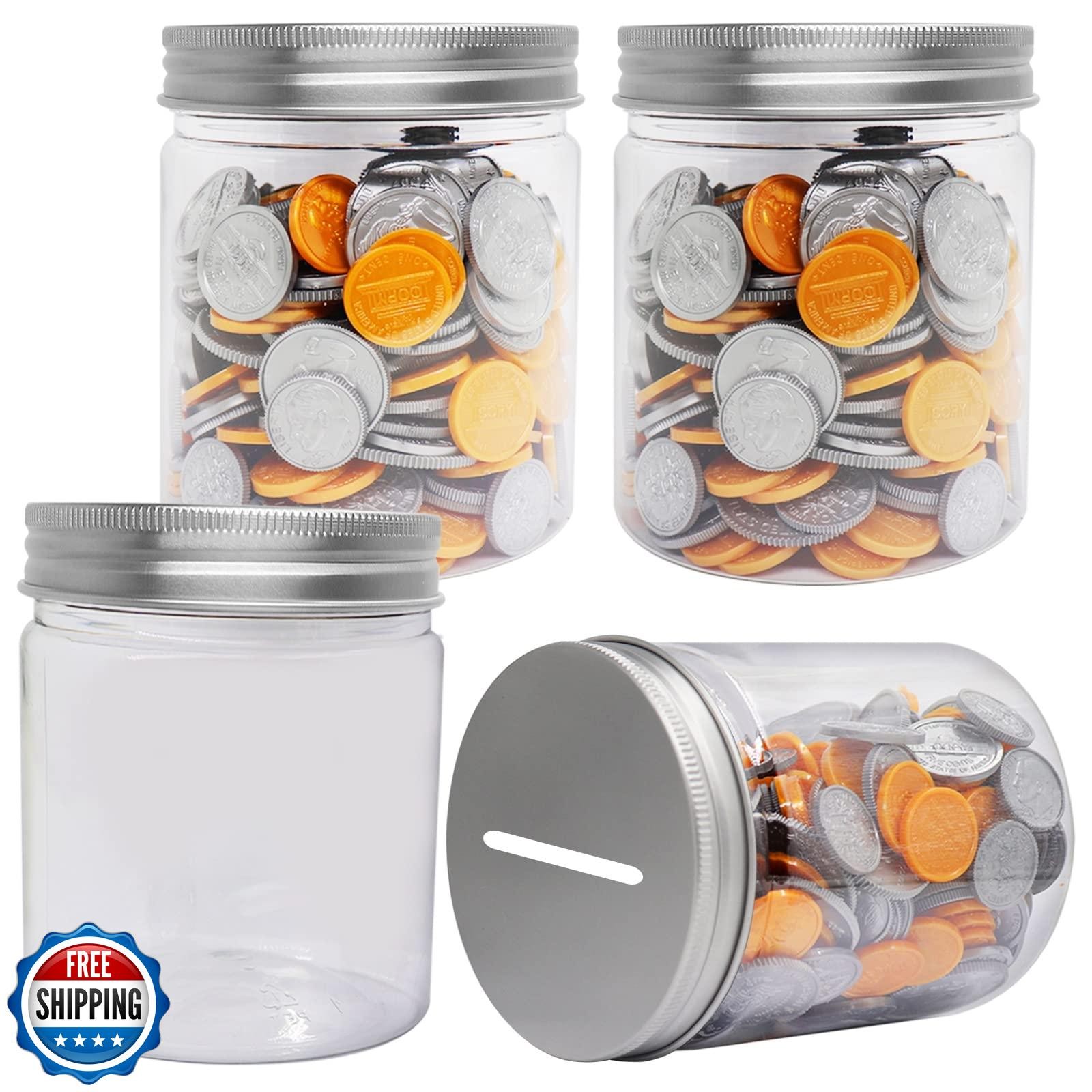Mczxon Small Coin Bank Jars 4-Pack, 16oz Clear Plastic Coin Money Tip Coin Ja
