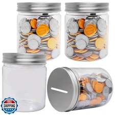 Mczxon Small Coin Bank Jars 4-Pack, 16oz Clear Plastic Coin Money Tip Coin Ja