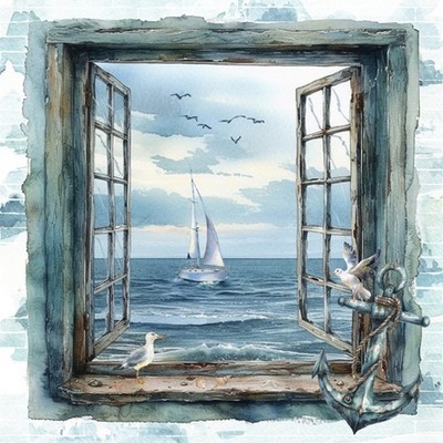 20 Servietten Sea View Fenster zum Meer Segelboot Anker Möwen Ozean Deko 33x33cm