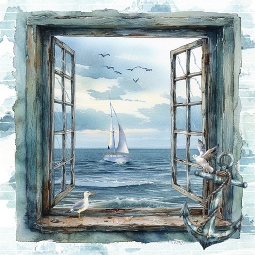 20 Servietten Sea View Fenster Zum Meer Segelboot Anker MöWen Ozean Deko 33X33Cm-image