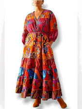 NEW Farm Rio Maxi Dress Size 2X Mixed Floral Print Tiered Button Up Boho Artsy