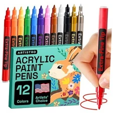  12 Acrylic Paint Pens, Fabric Markers for Textile, Regular Extra Fine Tip