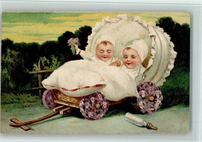 13065162 - handcart with flower wheels, twins, milk bottle AK baby