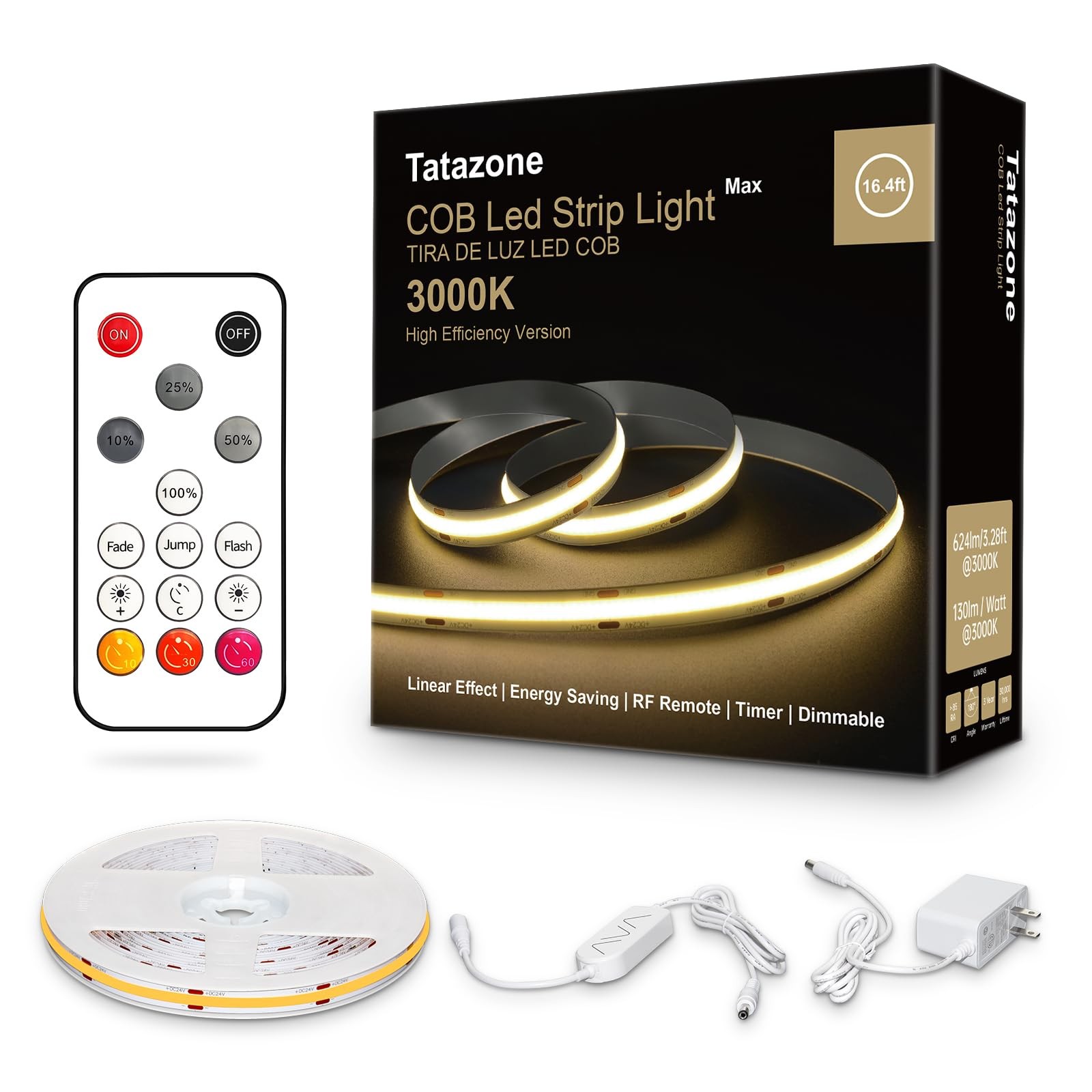 White COB LED Strip Lights 16.4ft 3000K Warm White Dimmable with RF Remote Ultra Bright Flexible Tape Light