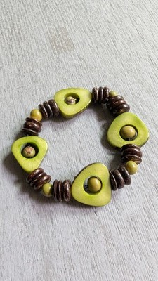 Green Tagua Nut Coconut Shell Bead Stretch Bracelet Boho Tribal Natural Wood