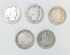 LOT OF FIVE (5) SEATED LIBERTY & BARBER QUARTERS 1856-1907