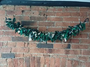 Beautiful emerald green Sari Silks Garland.  Fireplace Decor.  Upcycled Gift