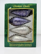Vintage Commodore Glass Christmas Ornaments Box of 4 Purple & Silver Teardrop