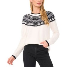 CeCe Women's Fair Isle Crewneck Sweater in Antique White  Black