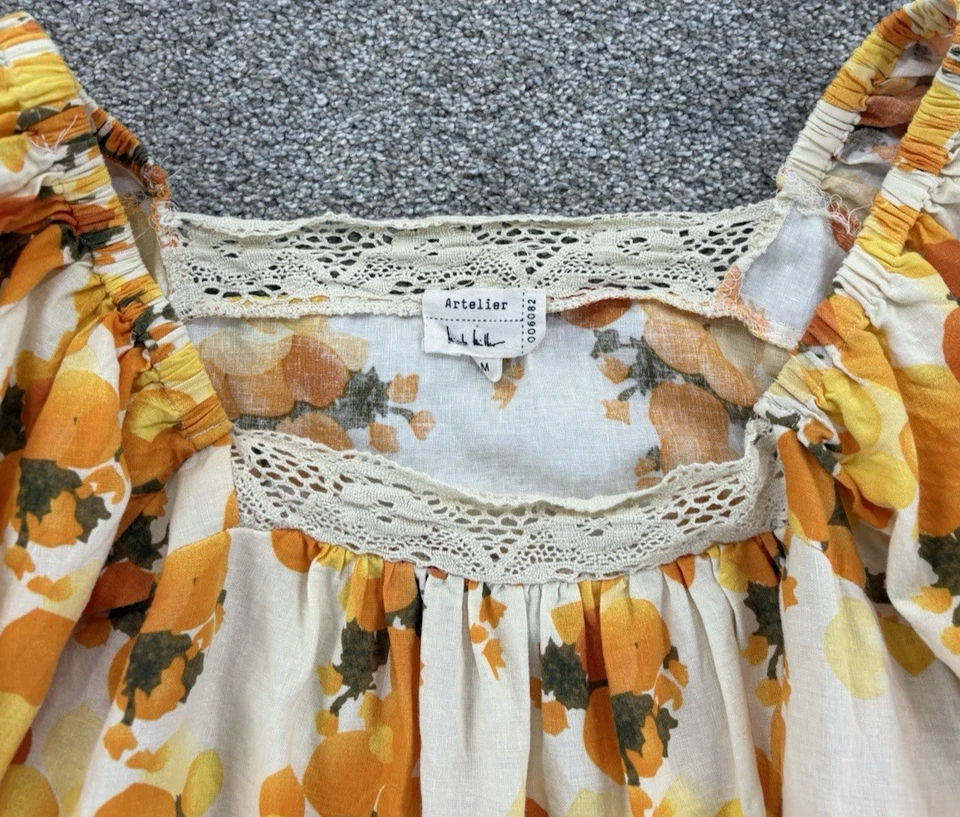 Artelier Nicole Miller Top Womens M Orange Linen Blend Peasant Cottage Bloomcore - Image 3 of 4