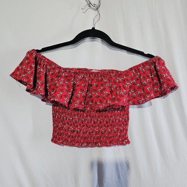 Mooloola Cottage Core Womens Crop Off Shoulder Top Red Floral Sz 12 Stretch
