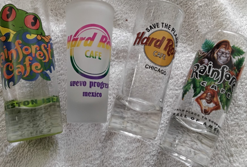 4 DIFFERENT NICE TALL VINTAGE SHOT GLASSES    RAINFOREST CAFE & HARD ROCK