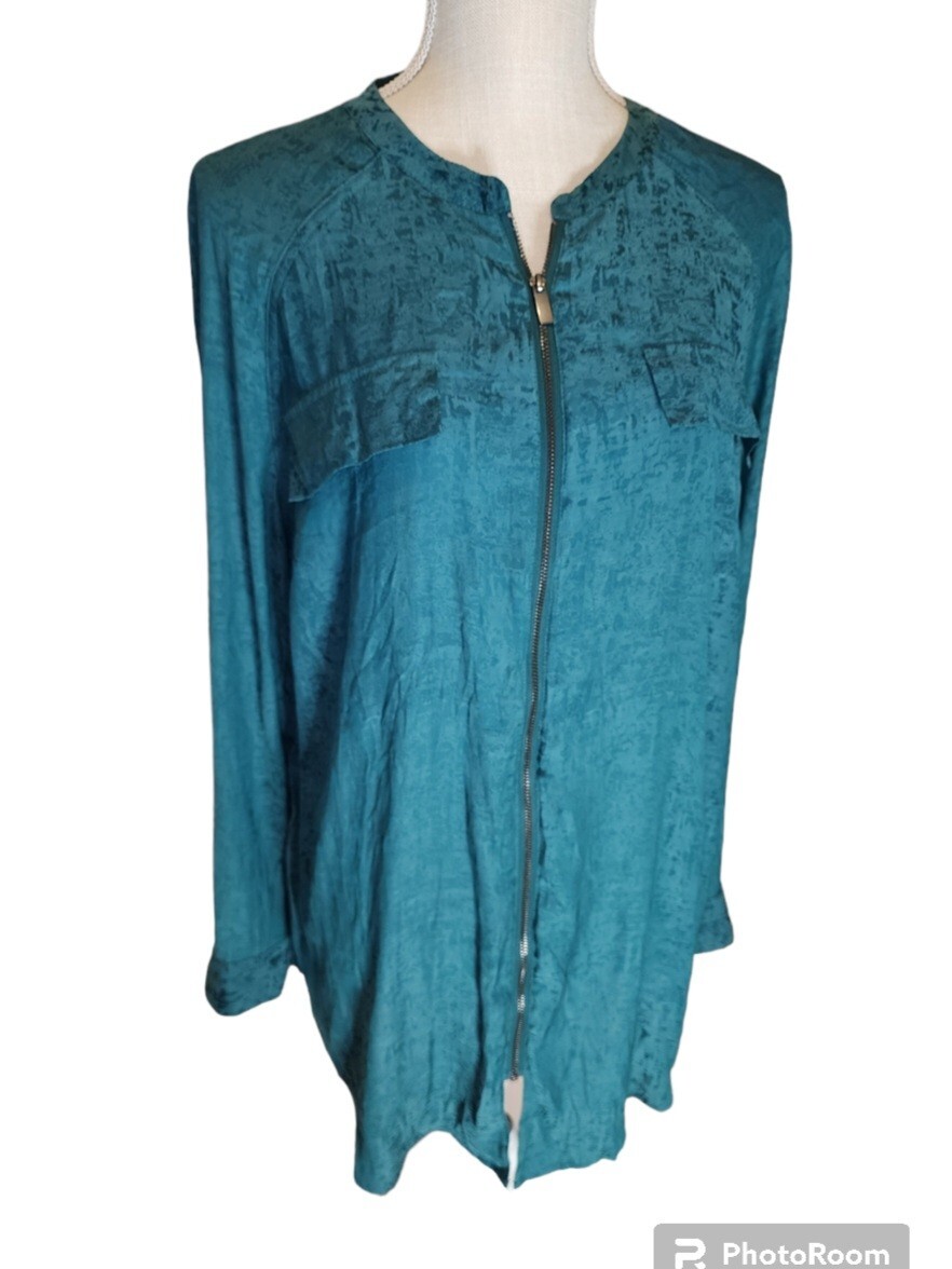 Womens Rock & Republic Tunic Blouse XL Green Zip Front Long Womens Rock & Republic Tunic Blouse XL Green Zip Front Long