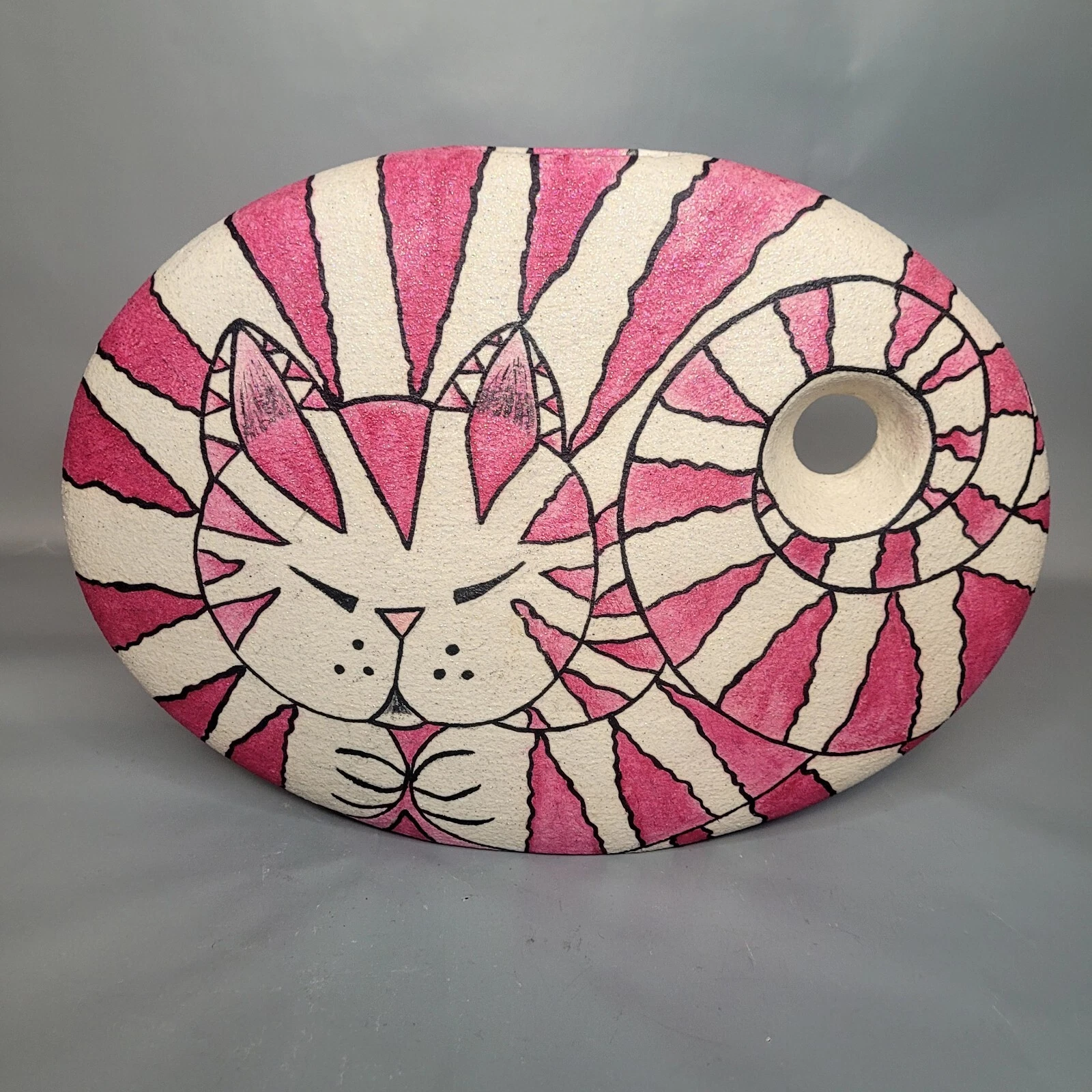 Cat Flower Vase Hand Painted Table Decor Pink Stripped Kitten Kitty Cat Lover