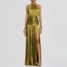 Gold Maxi Evening Dress, Halter Wedding Guest Long Dress Gown Wedding Party