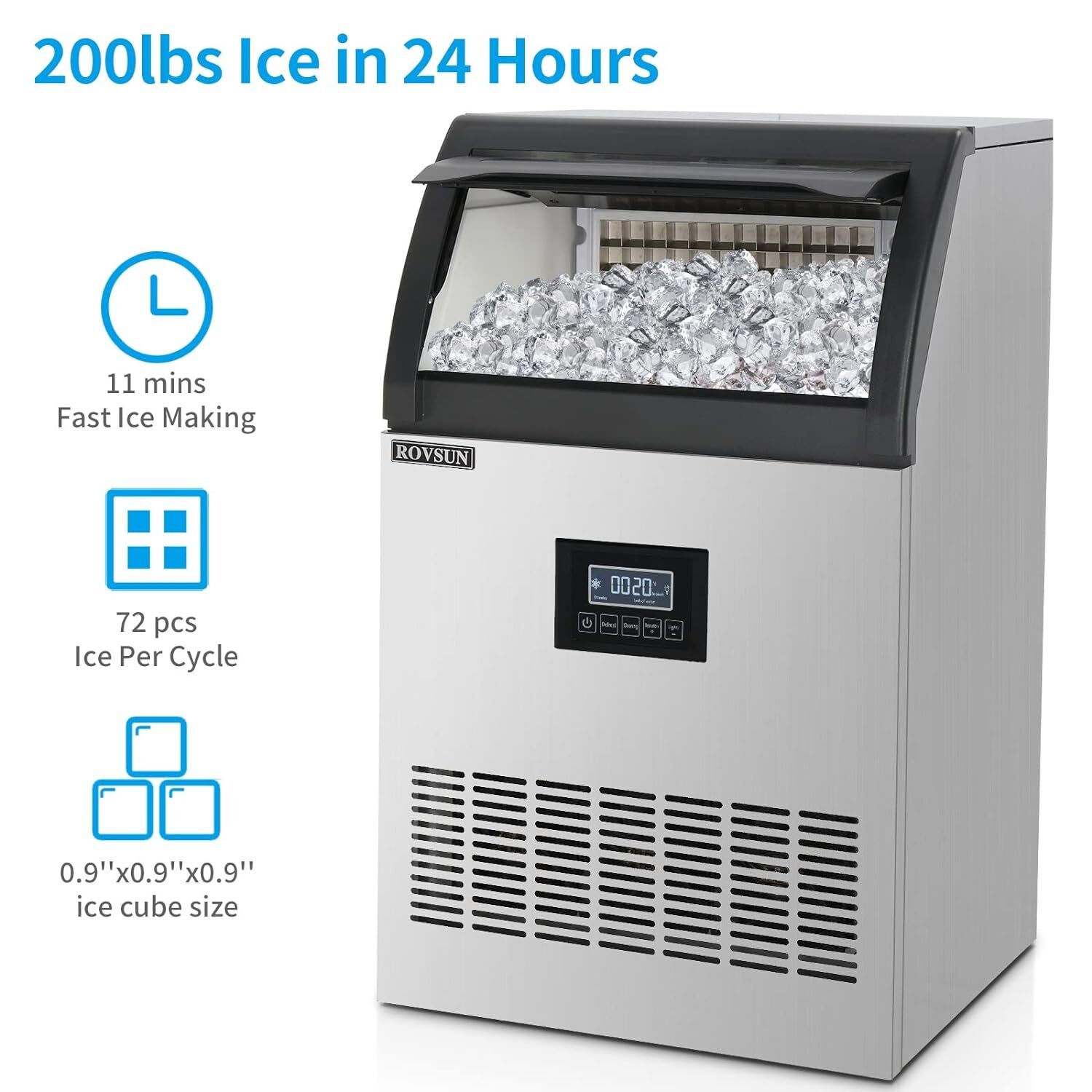 Commercial Ice Maker 200lbs Stainless Steel Built-in Cube Machine Bar Restaurant