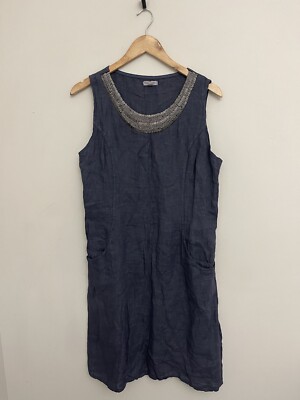 Lina Tomei Dress Linen Shift Size Medium Beaded Neckline Made