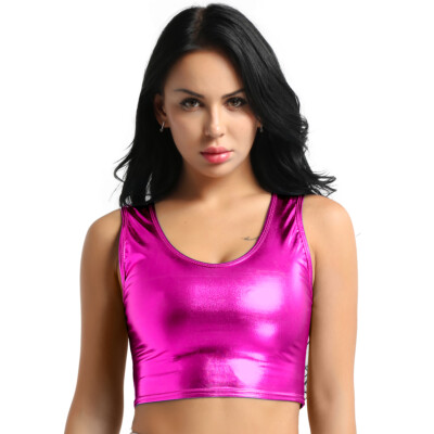 Damen Glänzend Crop Top Wetlook Bauchfrei Oberteile Tank Tops Ärmellos Unterhemd