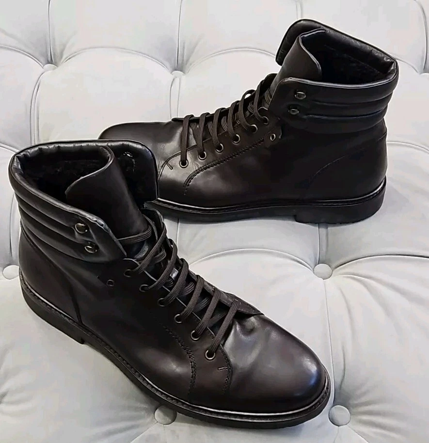 Ermenegildo ZEGNA A1431X Brown Leather Sherpa LaceUp Boots Mens Shoes 11 $1250 - Image 2 of 4